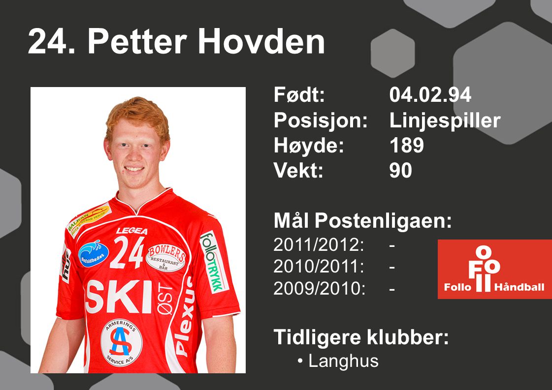 24. Petter Hovden Født: Posisjon: Linjespiller Høyde: 189