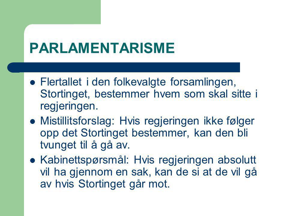 PARLAMENTARISME Flertallet i den folkevalgte forsamlingen, Stortinget, bestemmer hvem som skal sitte i regjeringen.