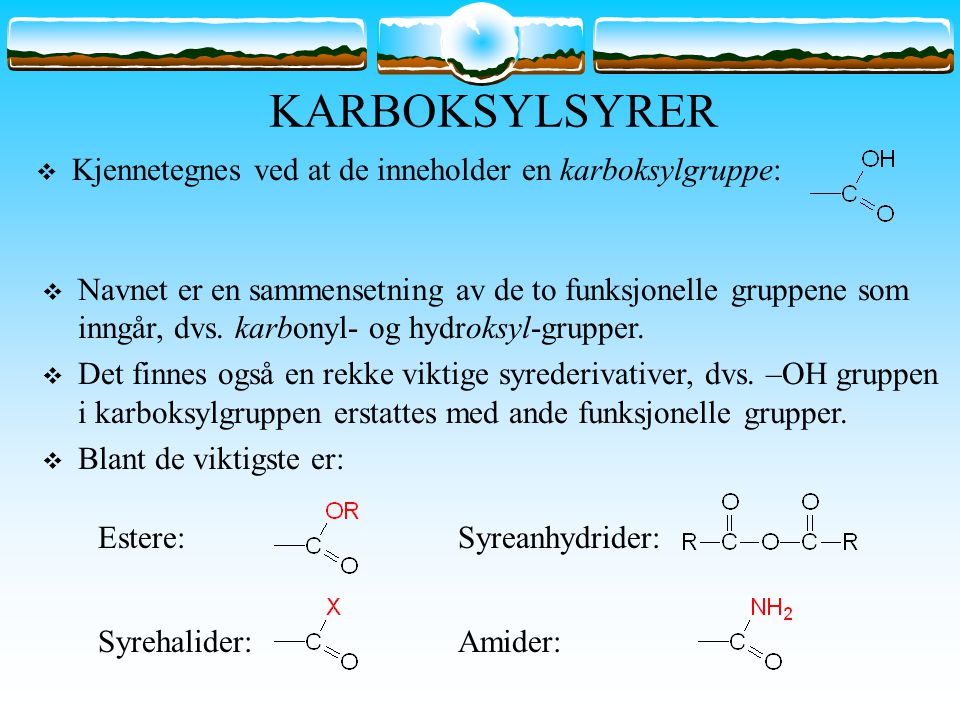 KARBOKSYLSYRER Kjennetegnes ved at de inneholder en karboksylgruppe:
