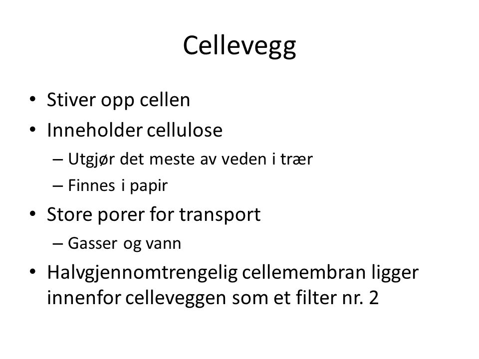 Cellevegg Stiver opp cellen Inneholder cellulose