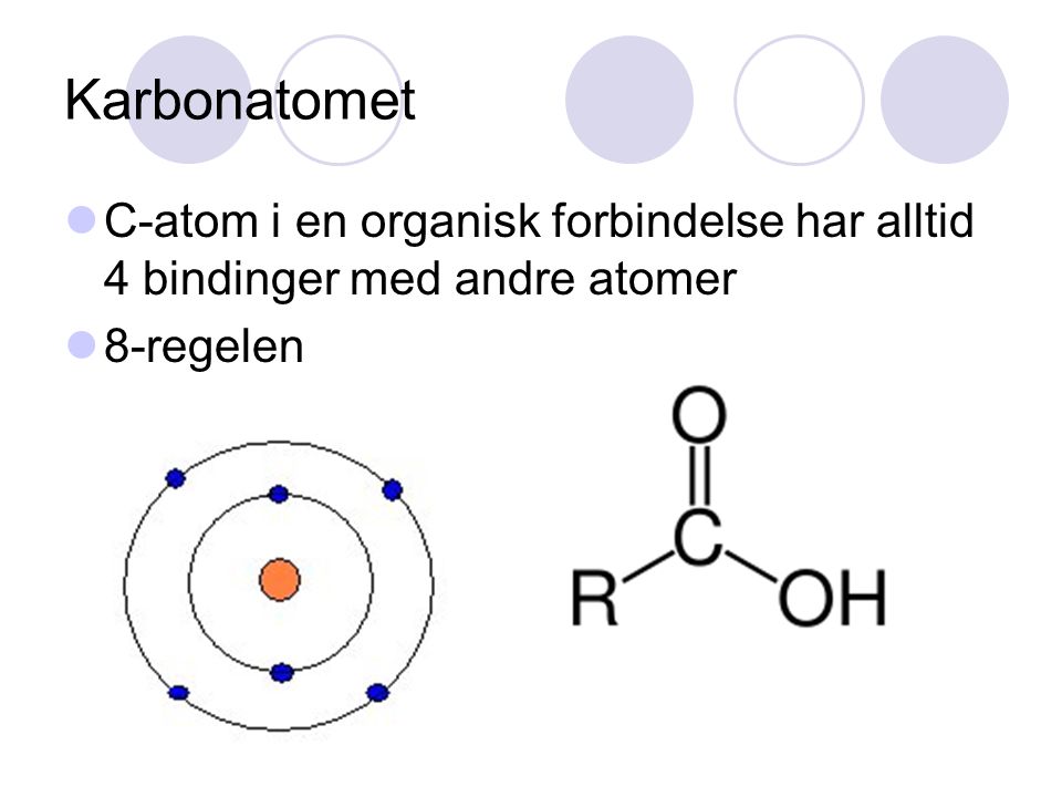 Karbonatomet C-atom i en organisk forbindelse har alltid 4 bindinger med andre atomer. 8-regelen. Lysbilde 6.