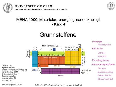 MENA 1000; Materialer, energi og nanoteknologi - Kap. 4 Grunnstoffene