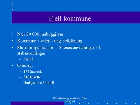 Effektiviseringsnettverk - Oslo 09.12.04 Fjell kommune Nær 20 000 innbyggjarar Kommune i vekst - ung befolkning Matriseorganisasjon - 5 tenesteavdelingar.