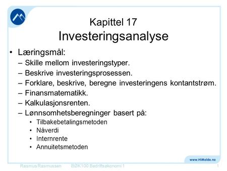 Kapittel 17 Investeringsanalyse