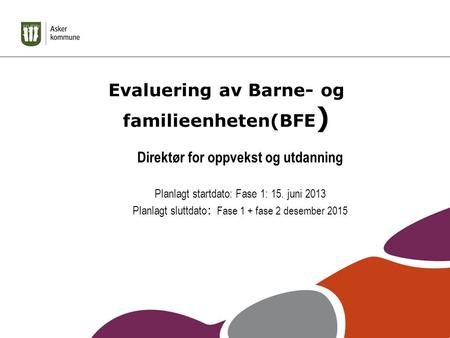 Evaluering av Barne- og familieenheten(BFE ) Direktør for oppvekst og utdanning Planlagt startdato: Fase 1: 15. juni 2013 Planlagt sluttdato : Fase 1 +