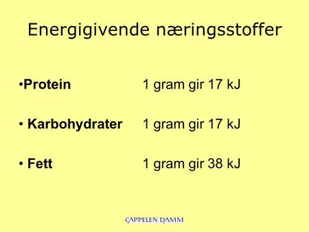 Energigivende næringsstoffer Protein 1 gram gir 17 kJ Karbohydrater1 gram gir 17 kJ Fett1 gram gir 38 kJ.