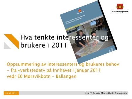 Hva tenkte interessenter og brukere i 2011 Oppsummering av interessenters og brukeres behov - fra «verkstedet» på Innhavet i januar 2011 vedr E6 Mørsvikbotn.