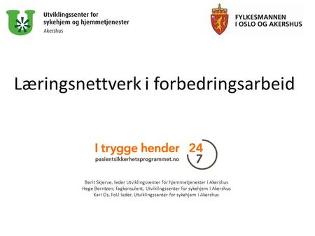 Læringsnettverk i forbedringsarbeid Berit Skjerve, leder Utviklingssenter for hjemmetjenester i Akershus Hege Berntzen, fagkonsulent, Utviklingssenter.