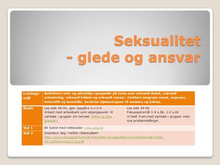 Seksualitet - glede og ansvar Lærings- mål Reflektere over og uttrykkje synspunkt på tema som seksuell debut, seksuell orientering, seksuell fridom og.