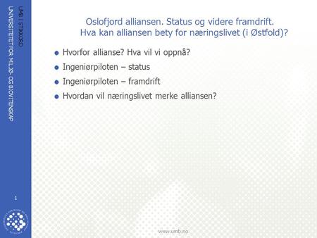 Oslofjord alliansen. Status og videre framdrift