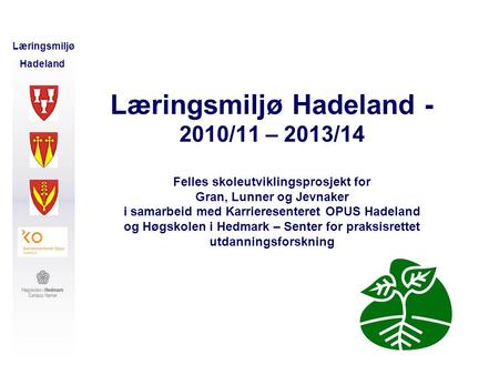 Læringsmiljø Hadeland - 2010/11 – 2013/14 Felles skoleutviklingsprosjekt for Gran, Lunner og Jevnaker i samarbeid med Karrieresenteret OPUS Hadeland.