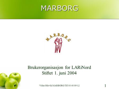 MARBORG 1 Brukerorganisasjon for LARiNord Stiftet 1. juni 2004 Vidar Hårvik MARBORG Tlf: 93 40 89 12.