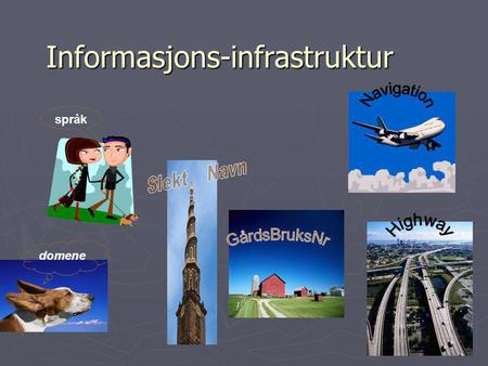 Informasjons-infrastruktur domene språk. Infrastructures Enabling (design-use) Shared (standardizied interfaces) Openness Hetrogeneity and complexity.