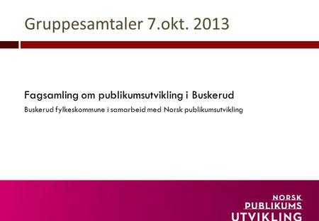 Gruppesamtaler 7.okt. 2013 Fagsamling om publikumsutvikling i Buskerud Buskerud fylkeskommune i samarbeid med Norsk publikumsutvikling.