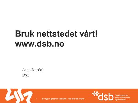 Bruk nettstedet vårt! www.dsb.no Arne Lærdal DSB Et trygt og robust samfunn - der alle tar ansvar1.