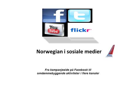 Norwegian i sosiale medier Fra kampanjeside på Facebook til omdømmebyggende aktiviteter i flere kanaler.