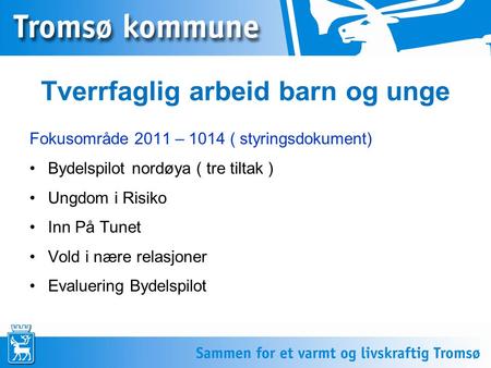 Tverrfaglig arbeid barn og unge Fokusområde 2011 – 1014 ( styringsdokument) •Bydelspilot nordøya ( tre tiltak ) •Ungdom i Risiko •Inn På Tunet •Vold i.