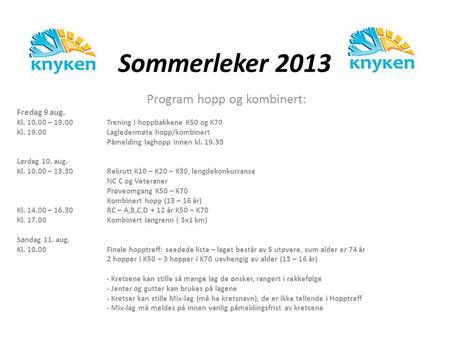 Sommerleker 2013 Program hopp og kombinert: Fredag 9 aug. Kl. 10.00 – 19.00Trening i hoppbakkene K50 og K70 Kl. 19.00Lagledermøte hopp/kombinert Påmelding.