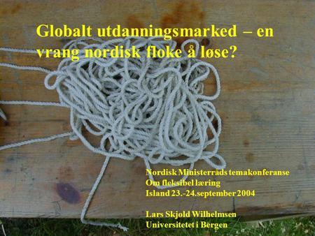 Globalt utdanningsmarked – en vrang nordisk floke å løse? Nordisk Ministerråds temakonferanse Om fleksibel læring Island 23.-24.september 2004 Lars Skjold.