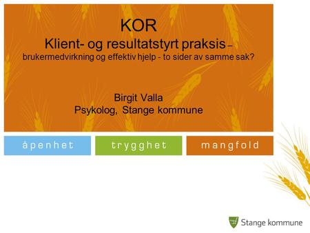 KOR Klient- og resultatstyrt praksis – brukermedvirkning og effektiv hjelp - to sider av samme sak? Birgit Valla Psykolog, Stange kommune.