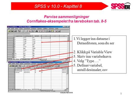 SPSS v 10.0 - Kapittel 8 AAKRE/MET8006 1 Parvise sammenligninger Cornflakes-eksempelet fra læreboken tab. 8-5 1.Vi legger inn dataene i Dataeditoren, som.