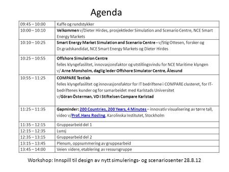Workshop: Innspill til design av nytt simulerings- og scenariosenter 28.8.12 Agenda 09:45 – 10:00Kaffe og rundstykker 10:00 – 10:10 Velkommen v/Dieter.
