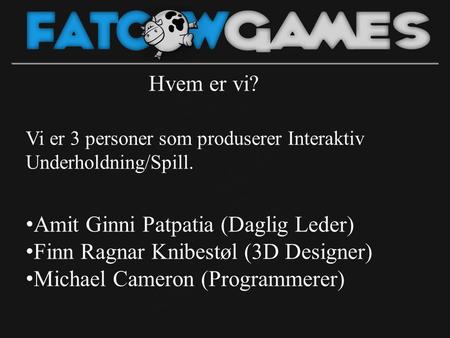 Hvem er vi? Vi er 3 personer som produserer Interaktiv Underholdning/Spill. • Amit Ginni Patpatia (Daglig Leder) • Finn Ragnar Knibestøl (3D Designer)