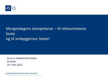 Morgendagens kompetanse – til virksomhetens beste og til innbyggernes beste! Gudrun Haabeth Grindaker Direktør 19. mars 2012.