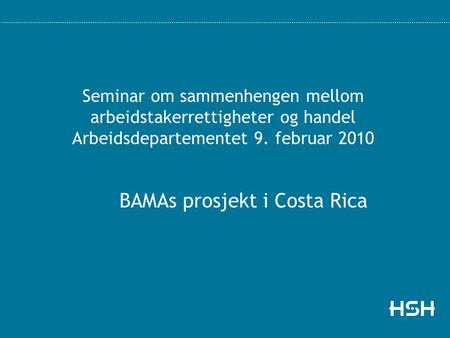 Seminar om sammenhengen mellom arbeidstakerrettigheter og handel Arbeidsdepartementet 9. februar 2010 BAMAs prosjekt i Costa Rica.
