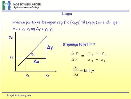 Linjer Hvis en partikkel beveger seg fra (x1,y1) til (x2,y2) er endringen Δx = x2-x1 og Δy = y2-y1 y2 y1 Δy Δx φ Stigningstallet m = x1 x2.