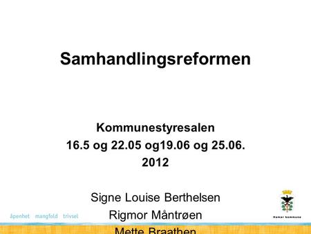 Samhandlingsreformen Kommunestyresalen 16.5 og 22.05 og19.06 og 25.06. 2012 Signe Louise Berthelsen Rigmor Måntrøen Mette Braathen.
