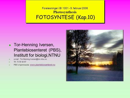 Forelesninger i BI februar 2006 Photosynthesis  FOTOSYNTESE (Kap.10)