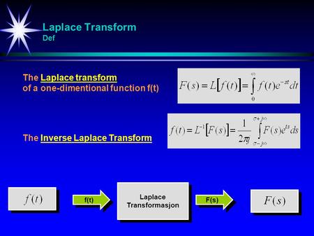 Laplace Transform Def The Laplace transform of a one-dimentional function f(t) The Inverse Laplace Transform Laplace Transformasjon Laplace Transformasjon.