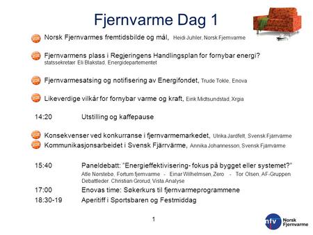 Fjernvarme Dag 1 Norsk Fjernvarmes fremtidsbilde og mål, Heidi Juhler, Norsk Fjernvarme Fjernvarmens plass i Regjeringens Handlingsplan for fornybar energi?