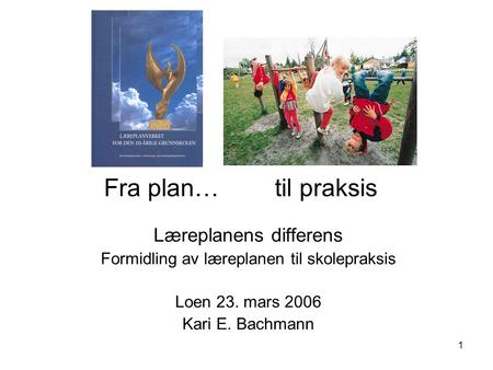 1 Læreplanens differens Formidling av læreplanen til skolepraksis Loen 23. mars 2006 Kari E. Bachmann Fra plan…til praksis.