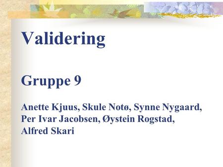 Validering Gruppe 9 Anette Kjuus, Skule Notø, Synne Nygaard, Per Ivar Jacobsen, Øystein Rogstad, Alfred Skari.