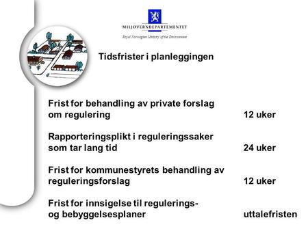 Royal Norwegian Ministry of the Environment Frist for behandling av private forslag om regulering12 uker Rapporteringsplikt i reguleringssaker som tar.