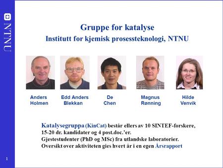 Gruppe for katalyse Institutt for kjemisk prosessteknologi, NTNU