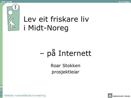 Nettstad: norsknettskole.no/mestring Roar Stokken Side 1 av 20 Lev eit friskare liv i Midt-Noreg – på Internett Roar Stokken prosjektleiar.
