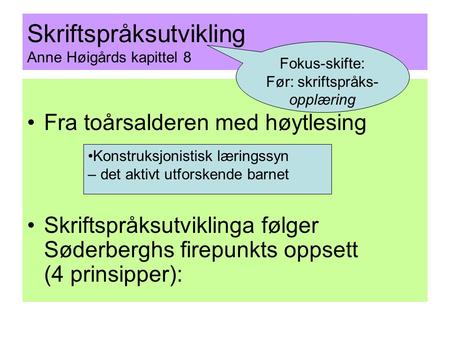 Skriftspråksutvikling Anne Høigårds kapittel 8 Fra toårsalderen med høytlesing Skriftspråksutviklinga følger Søderberghs firepunkts oppsett (4 prinsipper):