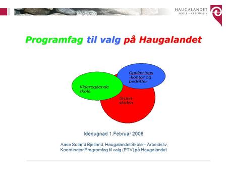Programfag til valg på Haugalandet Idedugnad 1.Februar 2008 Aase Soland Bjelland, Haugalandet Skole – Arbeidsliv, Koordinator Programfag til valg (PTV)