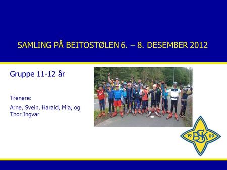 SAMLING PÅ BEITOSTØLEN 6. – 8. DESEMBER 2012 Gruppe 11-12 år Trenere: Arne, Svein, Harald, Mia, og Thor Ingvar.