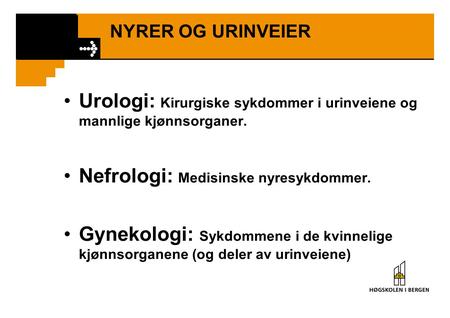Urologi: Kirurgiske sykdommer i urinveiene og mannlige kjønnsorganer.