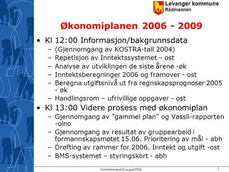 Levanger kommune Rådmannen Formannskapet 22.august 2005 1 Økonomiplanen 2006 - 2009 Kl 12:00 Informasjon/bakgrunnsdata –(Gjennomgang av KOSTRA-tall 2004)