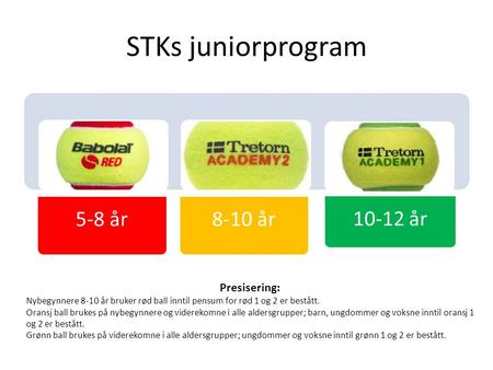 STKs juniorprogram 5-8 år 8-10 år 10-12 år Presisering: Nybegynnere 8-10 år bruker rød ball inntil pensum for rød 1 og 2 er bestått. Oransj ball brukes.
