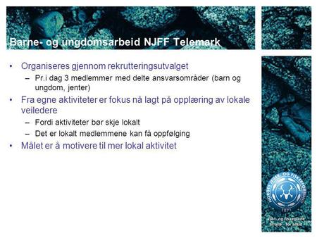 Barne- og ungdomsarbeid NJFF Telemark Organiseres gjennom rekrutteringsutvalget –Pr.i dag 3 medlemmer med delte ansvarsområder (barn og ungdom, jenter)