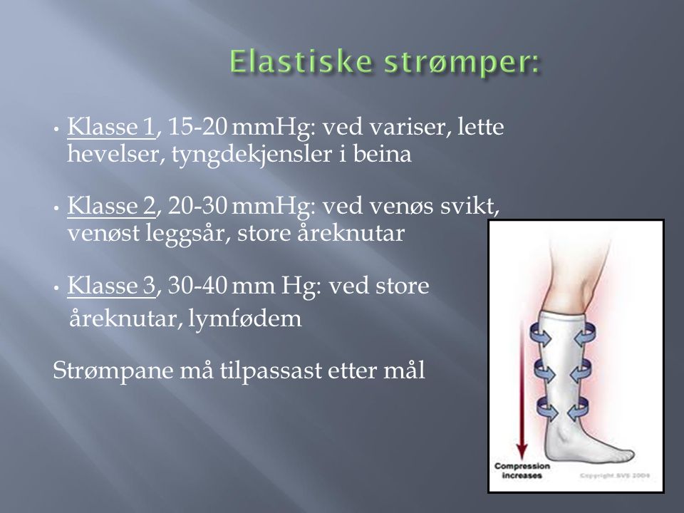 Elastiske strømper: Klasse 1, mmHg: ved variser, lette hevelser, tyngdekjensler i beina.