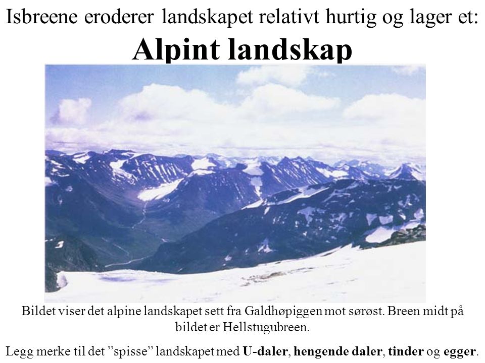 Isbreene eroderer landskapet relativt hurtig og lager et: Alpint landskap