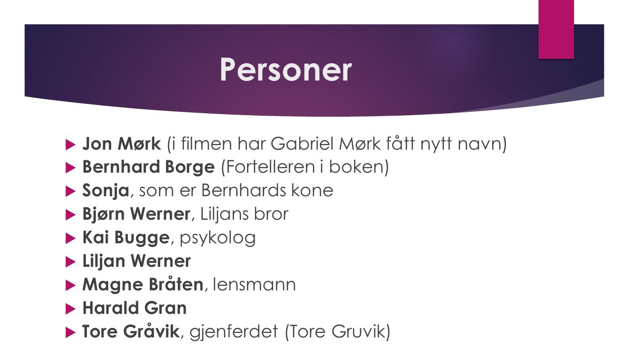 Personer Jon Mørk (i filmen har Gabriel Mørk fått nytt navn)
