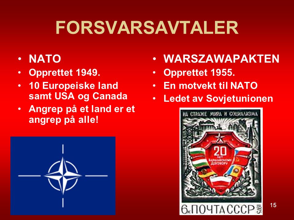 FORSVARSAVTALER NATO WARSZAWAPAKTEN Opprettet 1949.